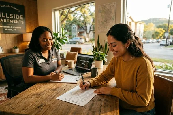 Signing a lease at an income-focused community