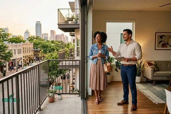Renter touring an East Austin apartment with a TREC-licensed locator