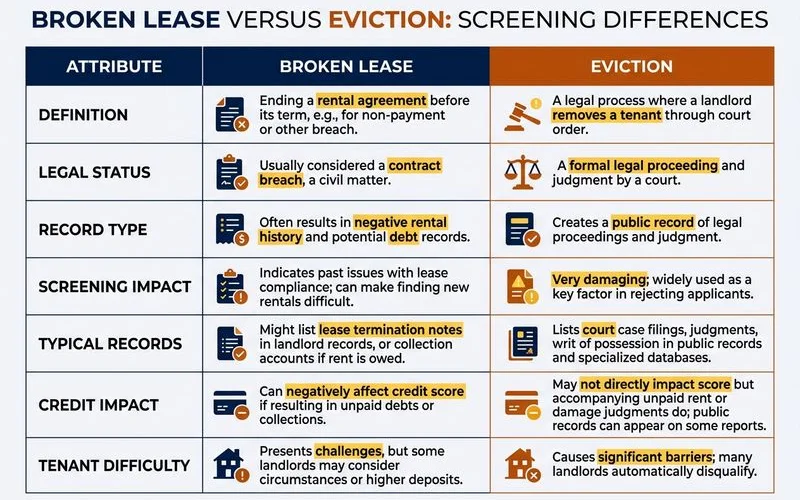 Broken lease vs eviction comparison table