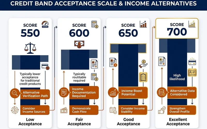 Credit-band acceptance scale with income alternative
