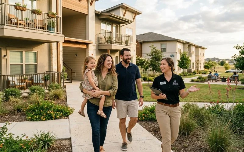 Family touring a Buda apartment community