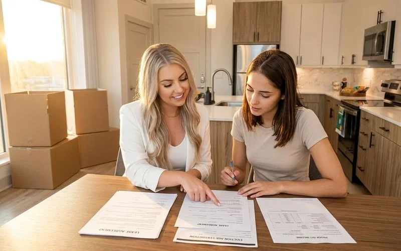 Locator reviewing eviction age and debt documents at an Austin apartment office