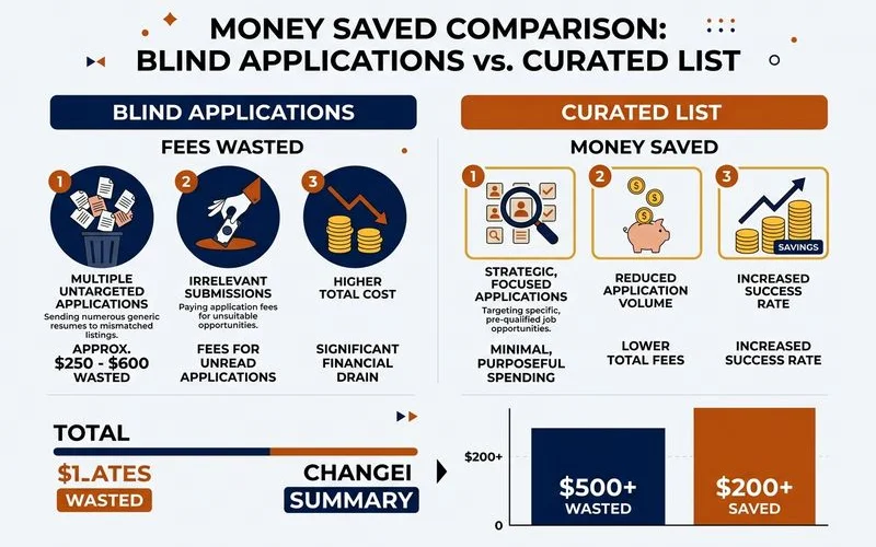 Money-saved comparison: blind applications vs curated list