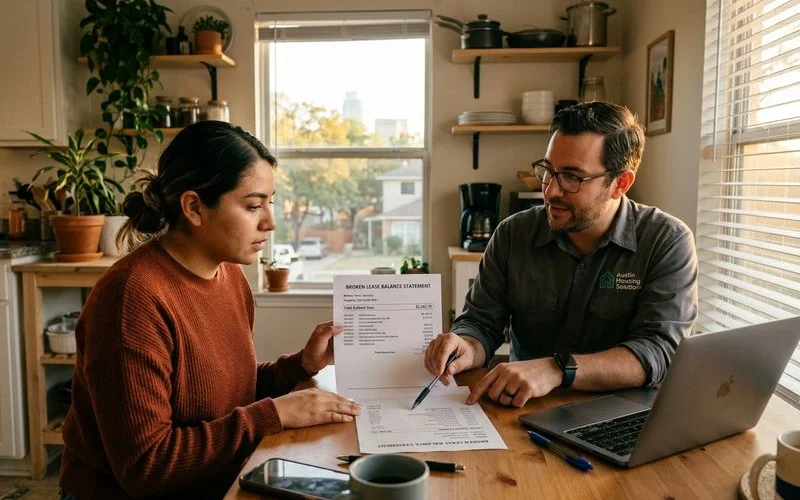 Renter reviewing a broken lease balance statement with a TREC-licensed Austin locator