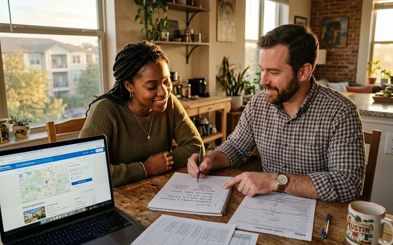 Renter reviewing income-to-rent ratio with an Austin apartment locator for bad credit approval