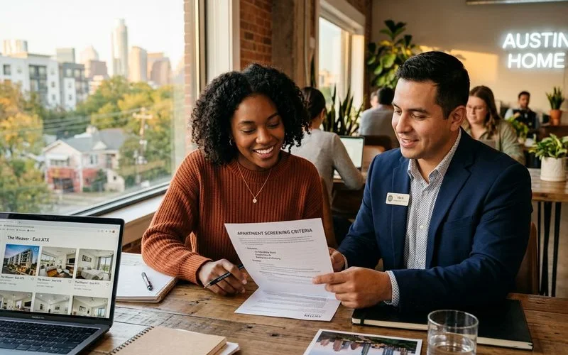 Austin Second Chance Apartments locator reviewing eviction screening criteria with a renter