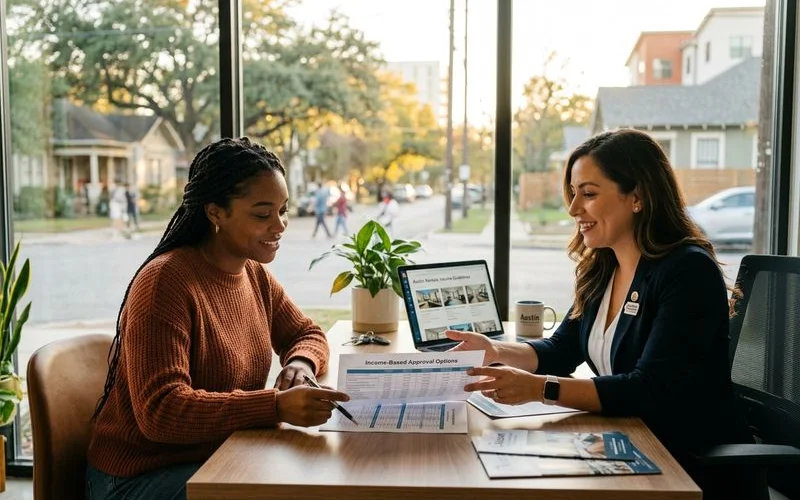 Renter reviewing credit-flexible apartment options at an Austin leasing office