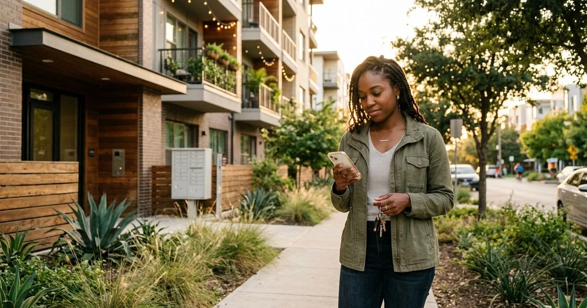 Renter checking apartment list outside a complex