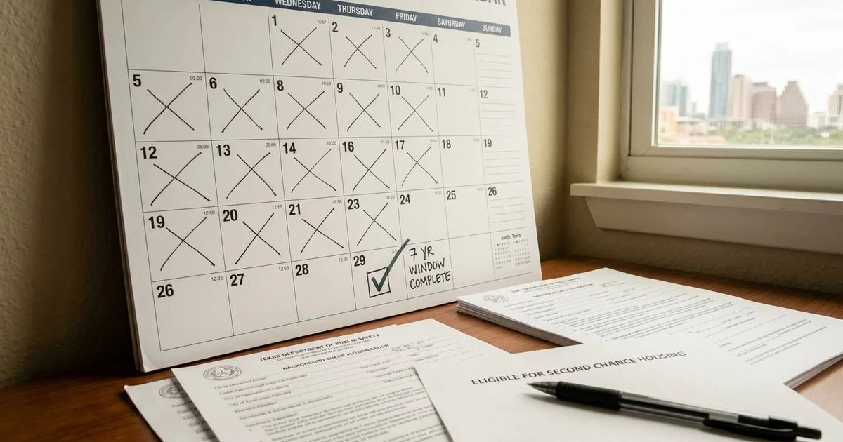 Calendar and legal documents representing the Texas 7-year window