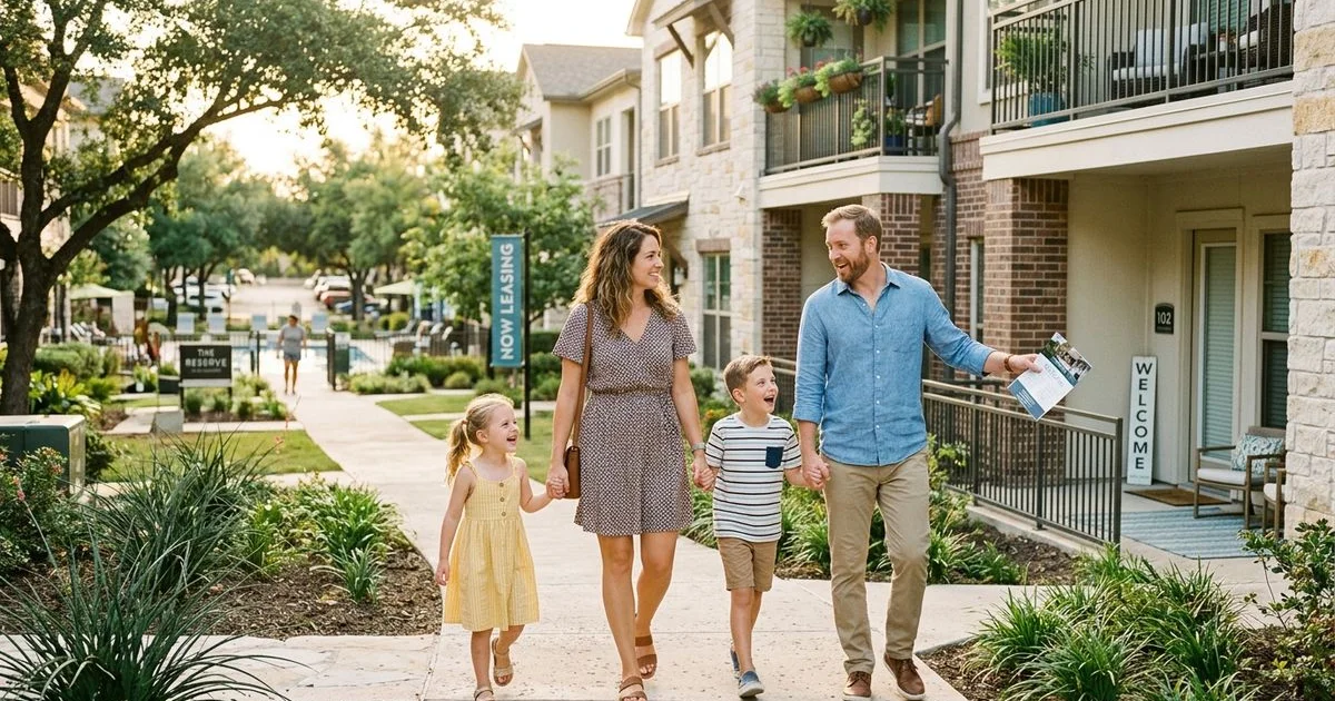Family touring a Round Rock apartment with kids