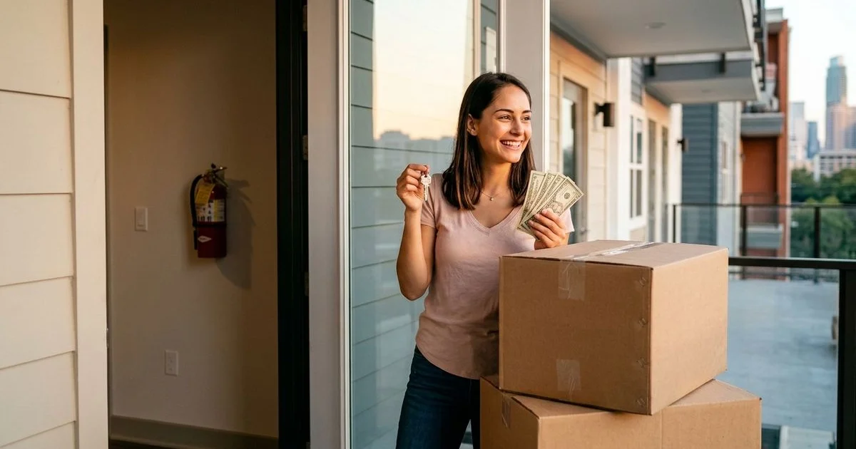 Renter holding keys to a new Austin apartment and cash rebate