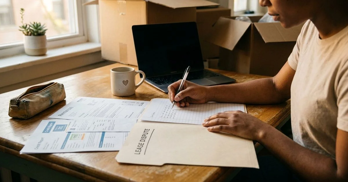 Person writing a formal dispute letter at a home desk