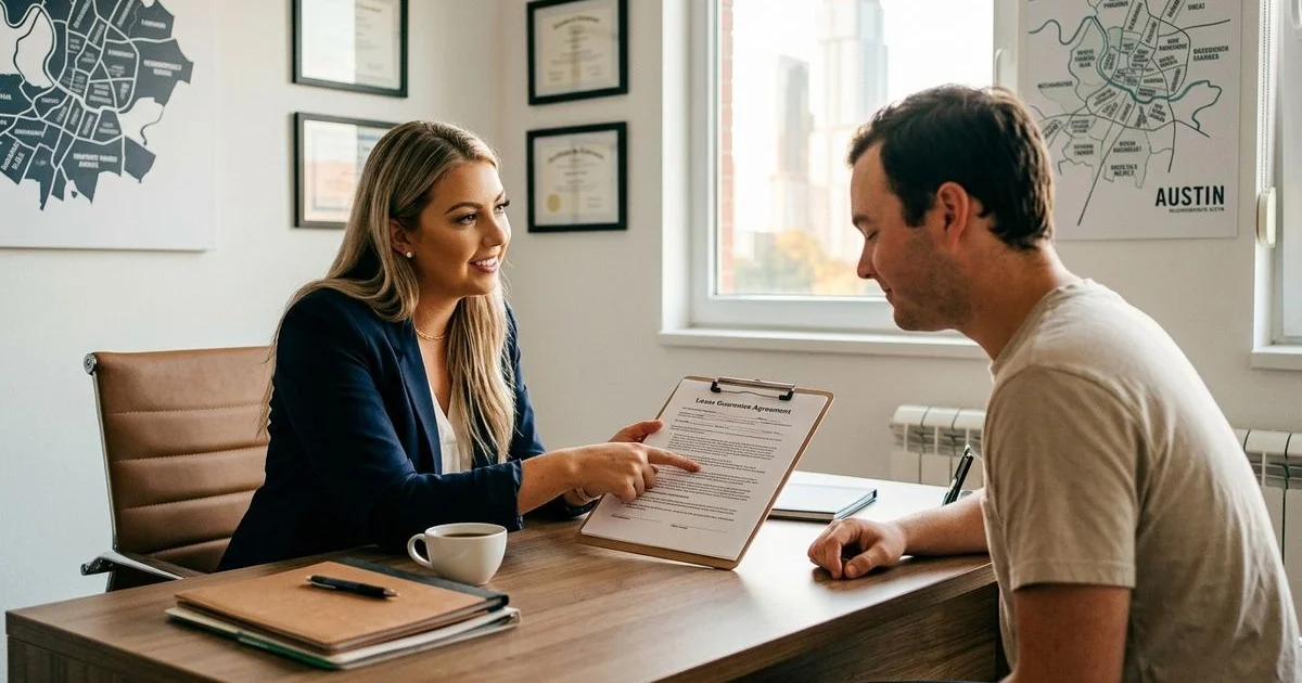 Renter reviewing a lease guarantee document with a locator