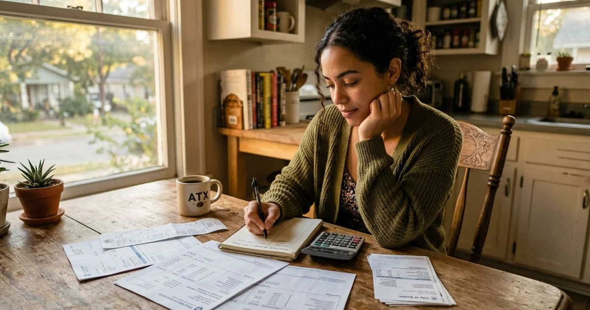 Renter calculating monthly income alongside pay stubs