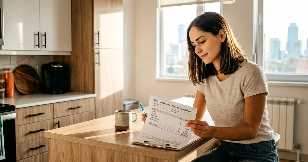 Renter reviewing a move-out statement at home