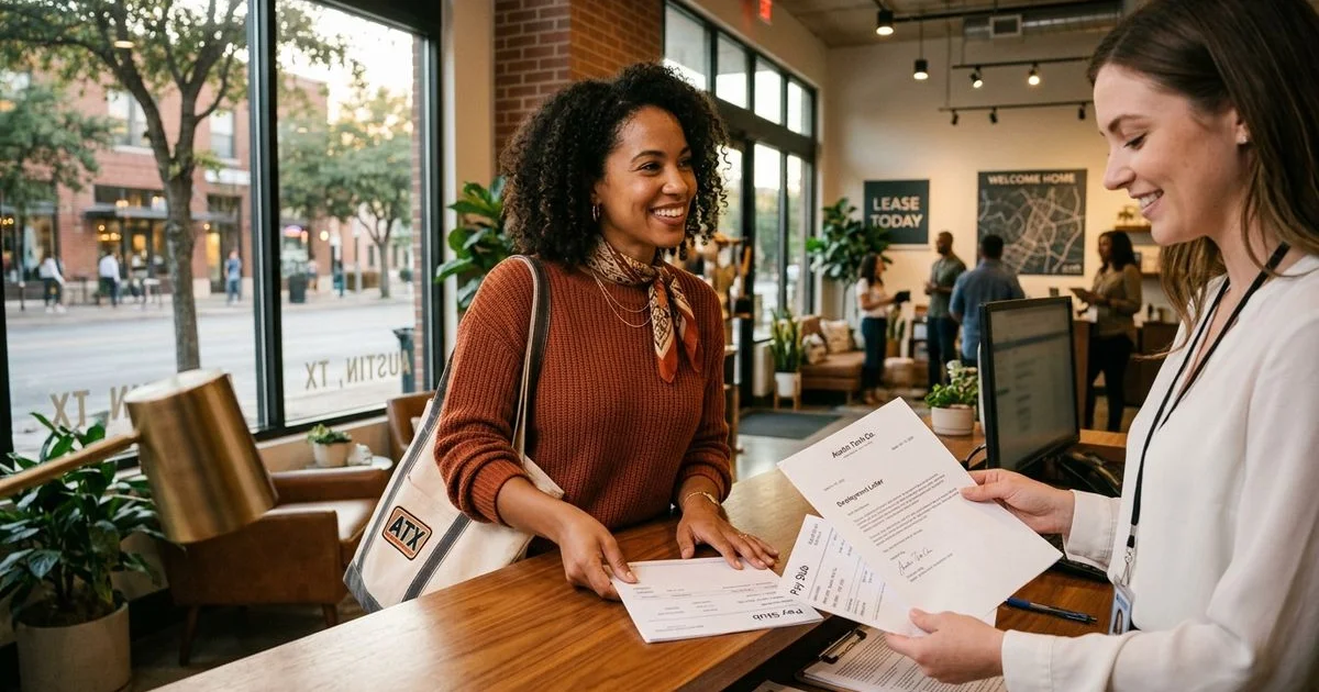 Renter presenting pay stubs and employment letter at a leasing office