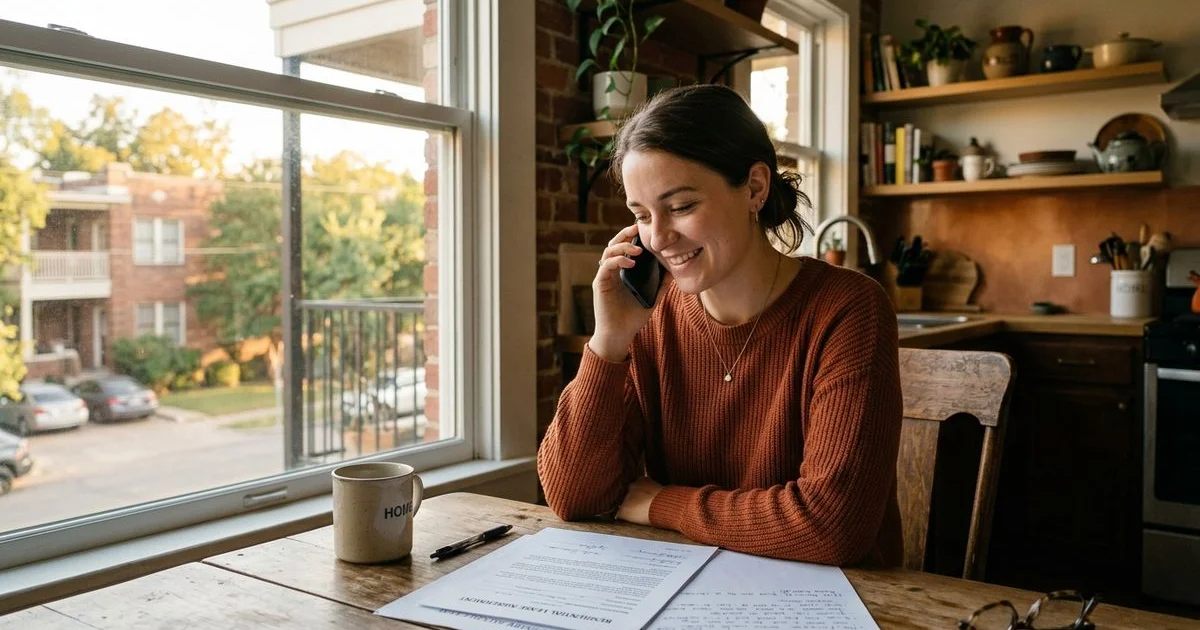 Renter calmly calling a leasing office from a kitchen table