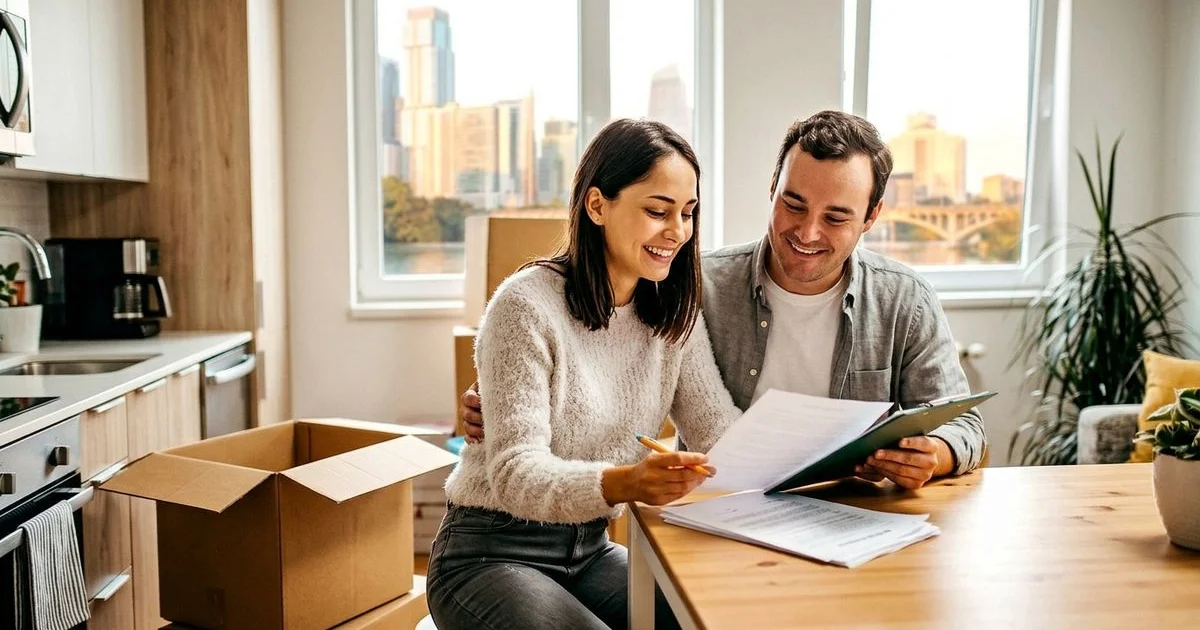 Renter organizing rental documents at a kitchen table