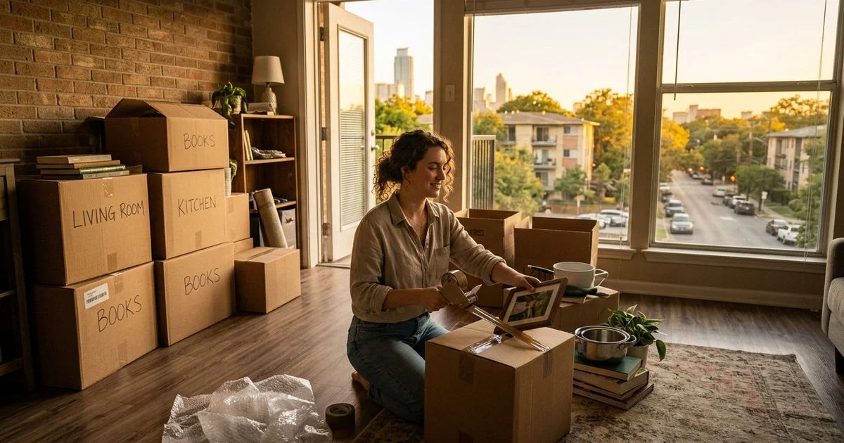 Renter packing boxes during a transitional move