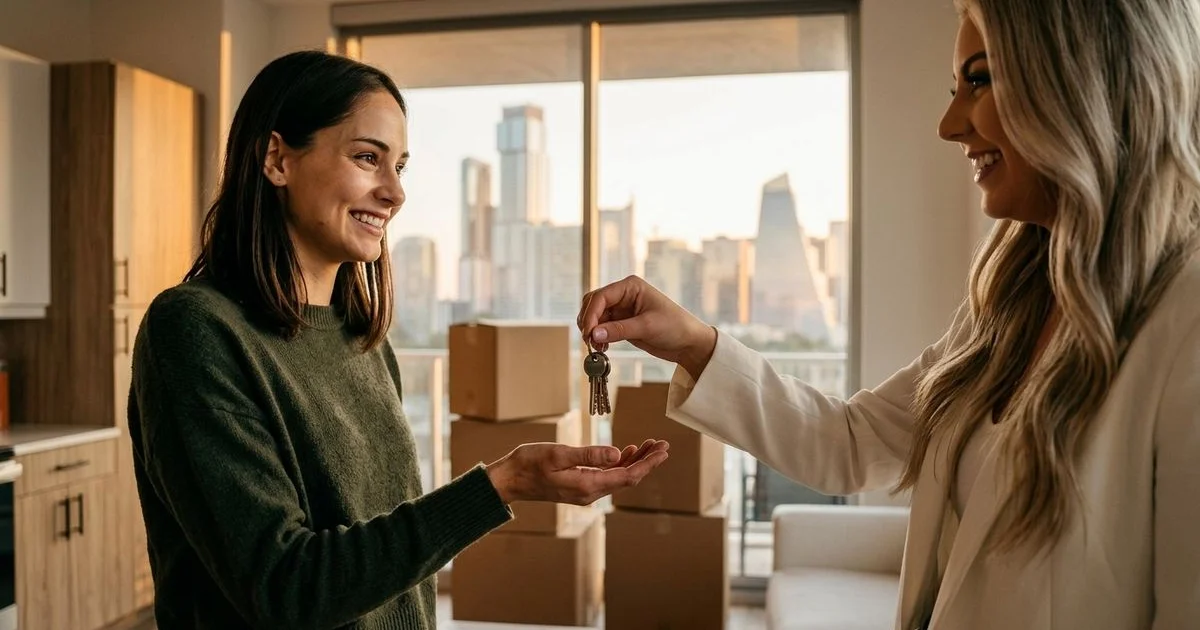 Renter receiving keys to a new Austin apartment