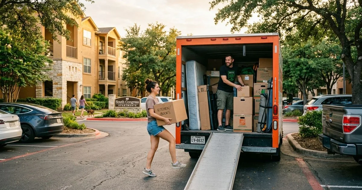 Summer moving day at an Austin apartment complex