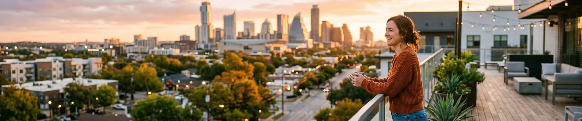 Aerial view of Austin Texas skyline at golden hour showing apartment complexes across the metro