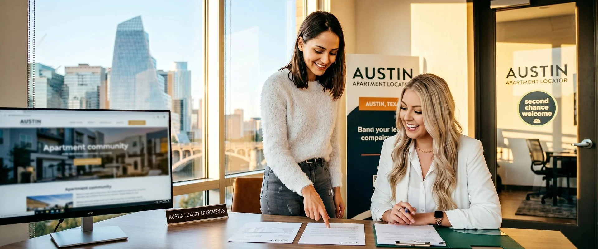Austin Second Chance Apartments client presenting pay stubs at a leasing office for income-based approval