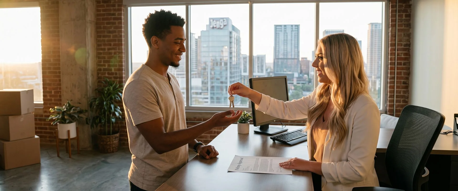 Renter receiving apartment keys in Austin after a non-violent felony approval